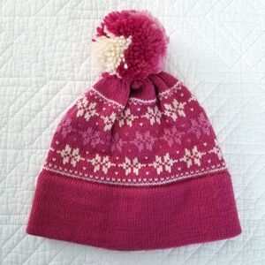 Vermont Originals Pink Cream Wool Nordic Snowflake Pom Pom Ski Winter Hat USA